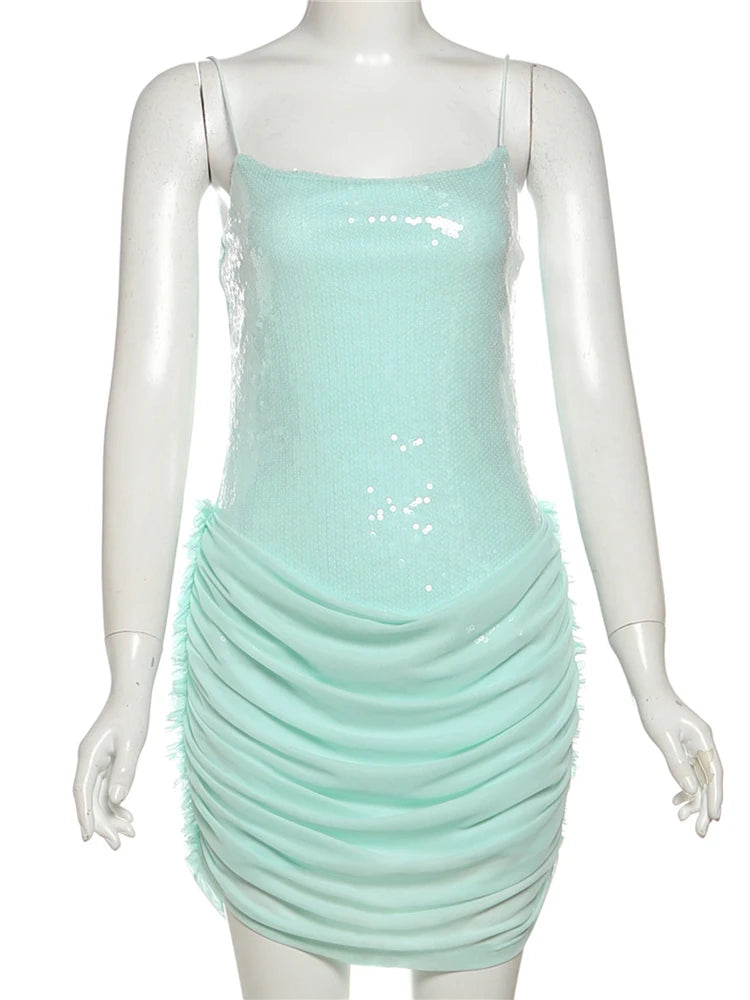 Patchwork Sequins Mini Dress Women Spaghetti Strap Off Shoulder Backless Mesh Hem Midnight Club Party Elegant Outfits