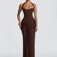 Women Halter Backless Sexy Maxi Dress Elegant Sleeveless Ruched Waist Draped Bodycon Club Party Evening Cocktail Dress