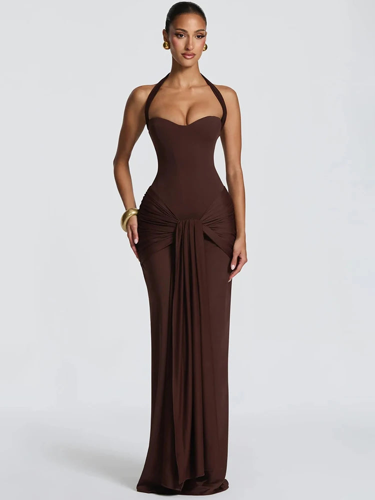 Women Halter Backless Sexy Maxi Dress Elegant Sleeveless Ruched Waist Draped Bodycon Club Party Evening Cocktail Dress