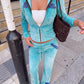 Patchwork 2-Piece Set Women Hooded Zip Full Sleeve Crop Coat+Drawstring Flare Pant Classic Sporty Casual Streetwear