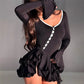 Women Coquette Mini Bodycon Dress V Neck Diagonal Button Long Flare Sleeve Ruffle Layered Hem Short Dress Party Clubwear
