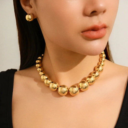 2Pcs Exaggerated Gold Color Big Beads Necklace Stud Earrings for Women Luxury Punk CCB Choker Jewelry Set Party Club Accessories