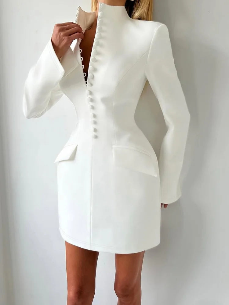 Button Up Long Sleeve Short Dresses for Woman Clothes Elegant Fashion Black White Dress Office Ladies