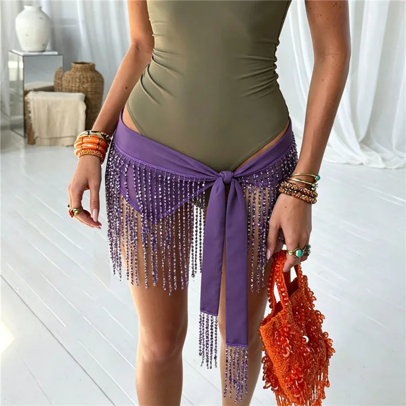 Women Festival Beaded Fringe Wrap Skirt Tie Waist Sparkly Tassel Mini Skirt Beach Swimsuit Cover Up Belly Dance Skirt