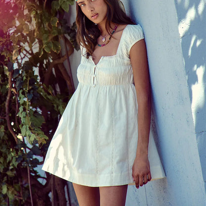 Womens Boho Mini Dress Square Neck Backless Tie Neck Puff Sleeve Smocked Waist A Line Dress Casual Summer Vacation Beach