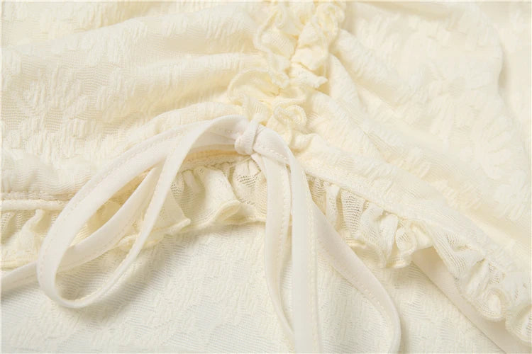 Creamy Color Style 2 Piece Set Women Ruffles Low-Neck Shirring Crop Tops+Ruched Waist Long Skirts Street Elegant Suit