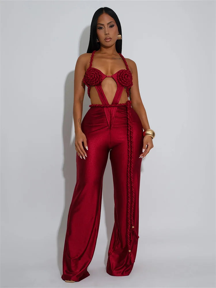 Hollow Jumpsuit Women Halter Chest Wrapped Waistless Backless Bandage Appliques Sexy Hottie High Street Hipster Overalls