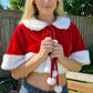 Women Red Velvet Christmas Short Cape Shawl Faux Fur Trim Collar Tie Front Pom Pom Santa Cloak For Xmas Holiday Party