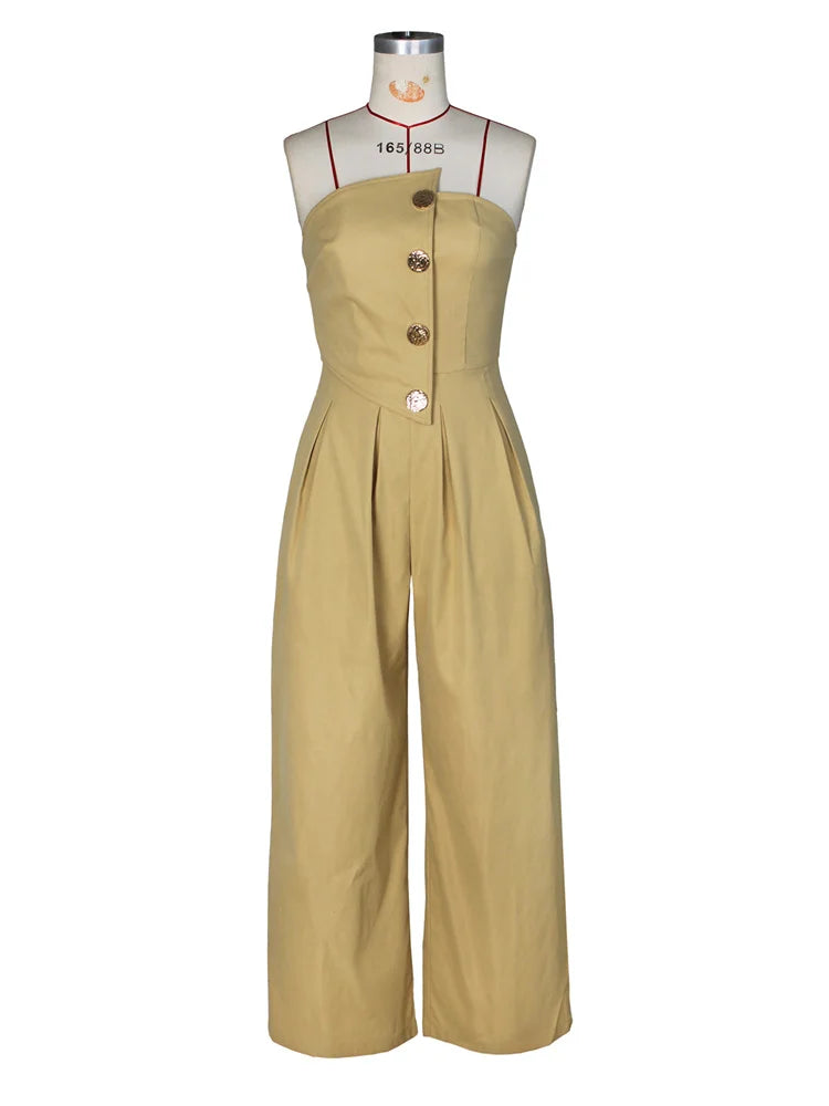 Metal Buttons Patchwork Wide-Leg Jumpsuit Women Summer Trend Strapless Zip Backless Street Fashion Classic Overalls
