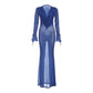 Leopard Print Mesh Sheer Blue Dresses Elegant Woman for Party Deep V Neck Long Sleeve Maxi Dress