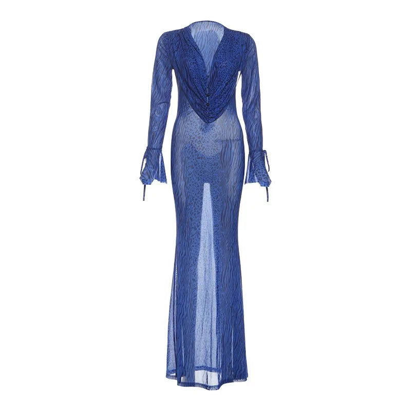 Leopard Print Mesh Sheer Blue Dresses Elegant Woman for Party Deep V Neck Long Sleeve Maxi Dress