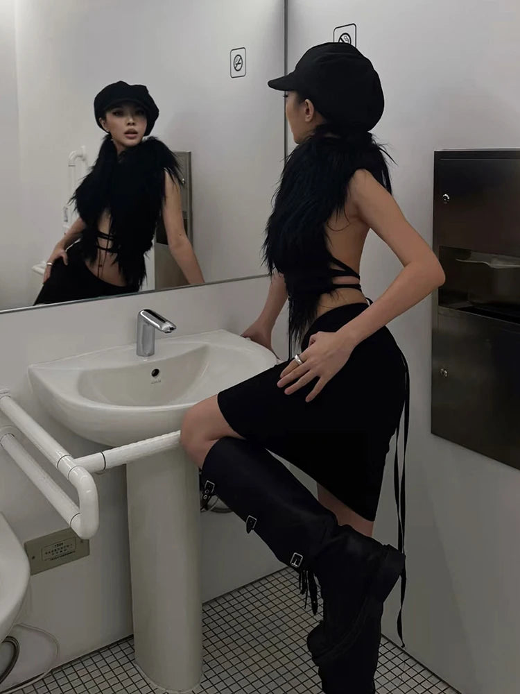 Sexy Furry Halter Top Women Fur Collar Backless Lace-Up Hottie Coquette Dark Punk Style Music Festival Clubwear Vest