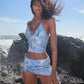 Sexy Glitter 2 Piece Set Women Y2K Sequins Halter V-Neck Backless Tops+Side Tassel Skirts Beach Party Matching Suits