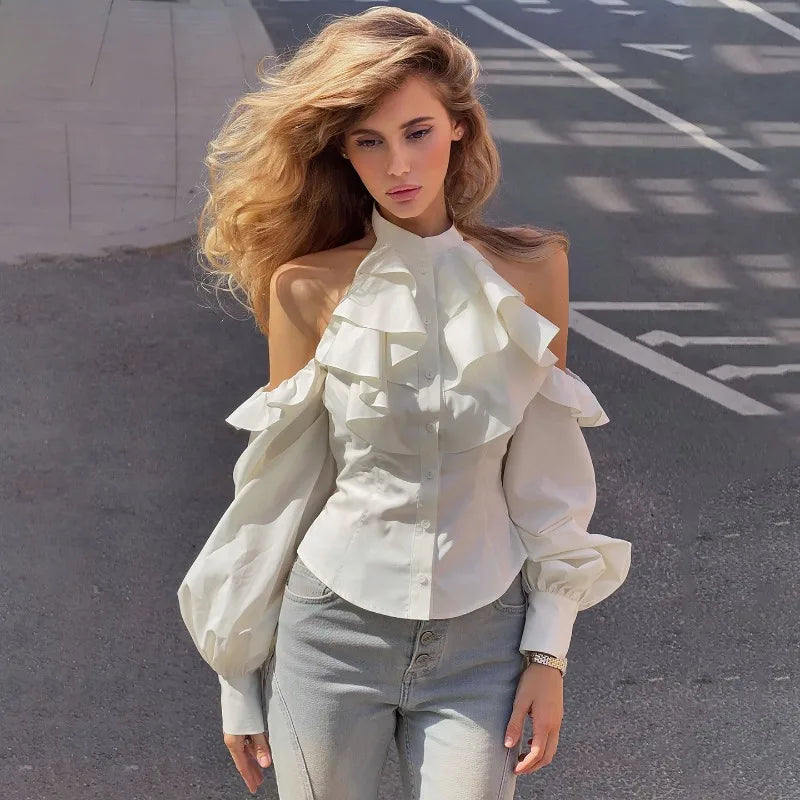 Cold-shoulder Button-up Lantern Sleeve Ruffled Blouses Shirts for Woman White Long Sleeve Tops Autumn 2026