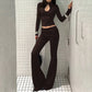 Black Two Piece Set Keyhole Cutout Long Sleeve Crop Top and High Waist Flare Pants Elegant Fall Outfits Woman