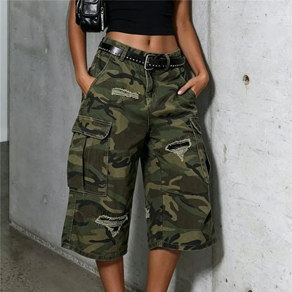 Y2K Hip Hop Camo Cargo Capri Shorts Women Distressed Ripped Multi Side Pocket Baggy Wide Leg Camouflage Streetwear