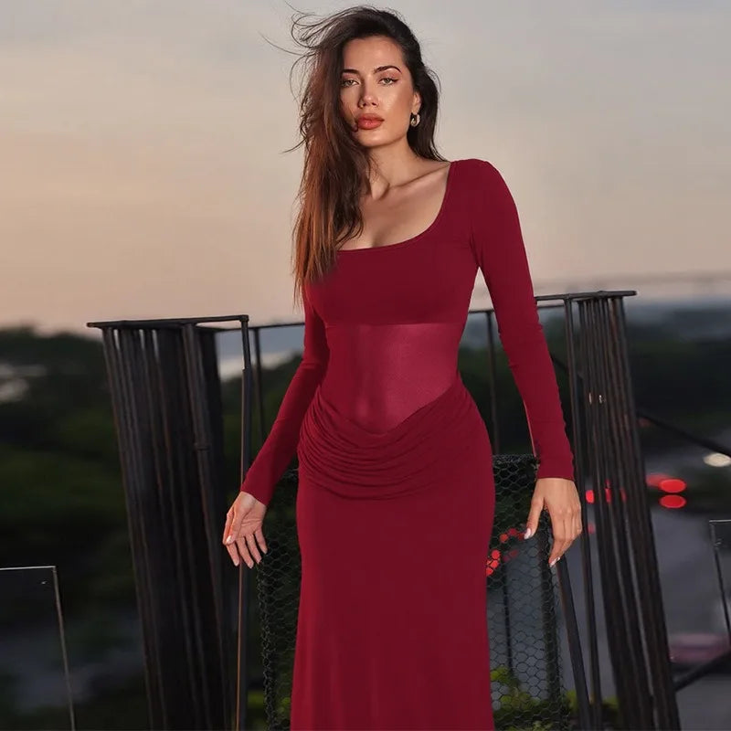 Mesh Splicing Long Sleeve Dresses for Woman Clothing Fall 2025 Sexy Party Maxi Dress Wedding Guest