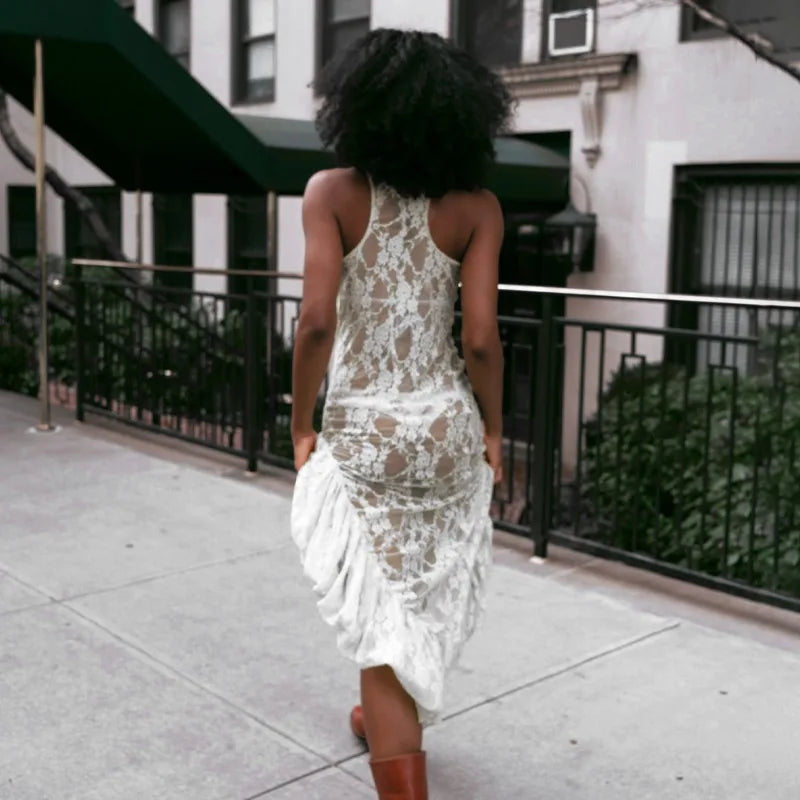 See Through Lace High Low Dresses Sexy Summer Beach Cover Up Asymmetrical Sleeveless Long Dresses