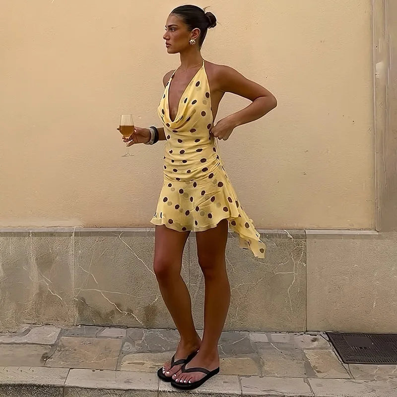 Polka Dot Mesh Yellow Dress Women Sexy Cowl Neck Backless Mini Dresses
