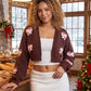 Women Christmas Candy Cane Bow Patch Cropped Knit Cardigan V Neck Long Sleeve Short Sweater Holiday Casual Outerwear