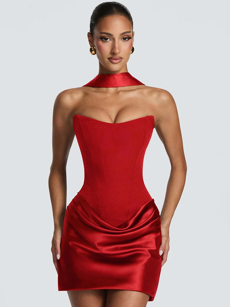 Satin Strapless Backless Sexy Mini Dress Women Elegant Halter Choker Neck Ruched Waist Bodycon Club Party Dresses