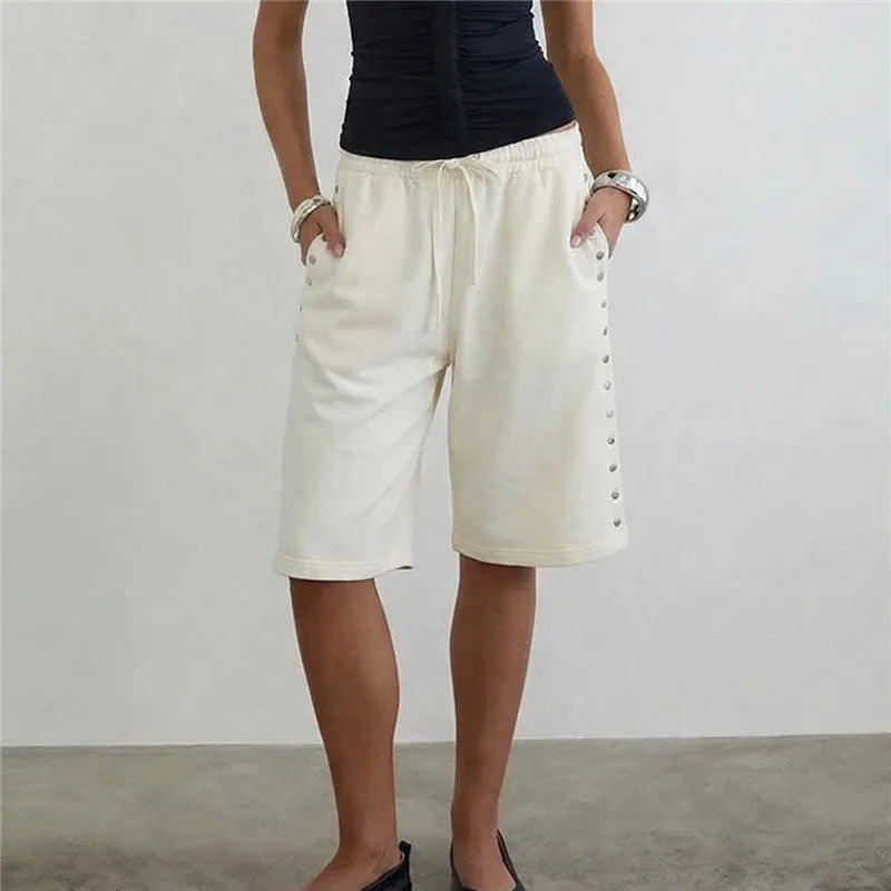 Women's Knee Length Sweat Shorts with Side Snap Buttons Drawstring Waist Casual Loose Fit Summer Y2K Streetwear