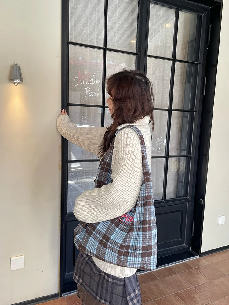 Y2K Korean Plaid Letter Embroidery Large Capacity Tote Bag For Women