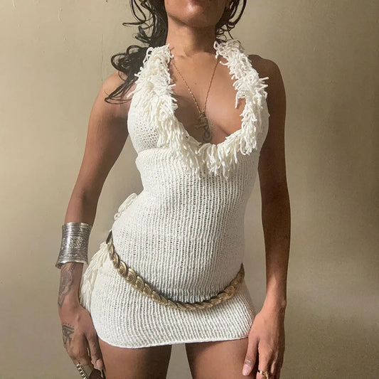 Fringed Knitted Dress Womens Sexy Club Outfits Halter Mini Dresses Trending Women Clothing 2025 New Arrivals