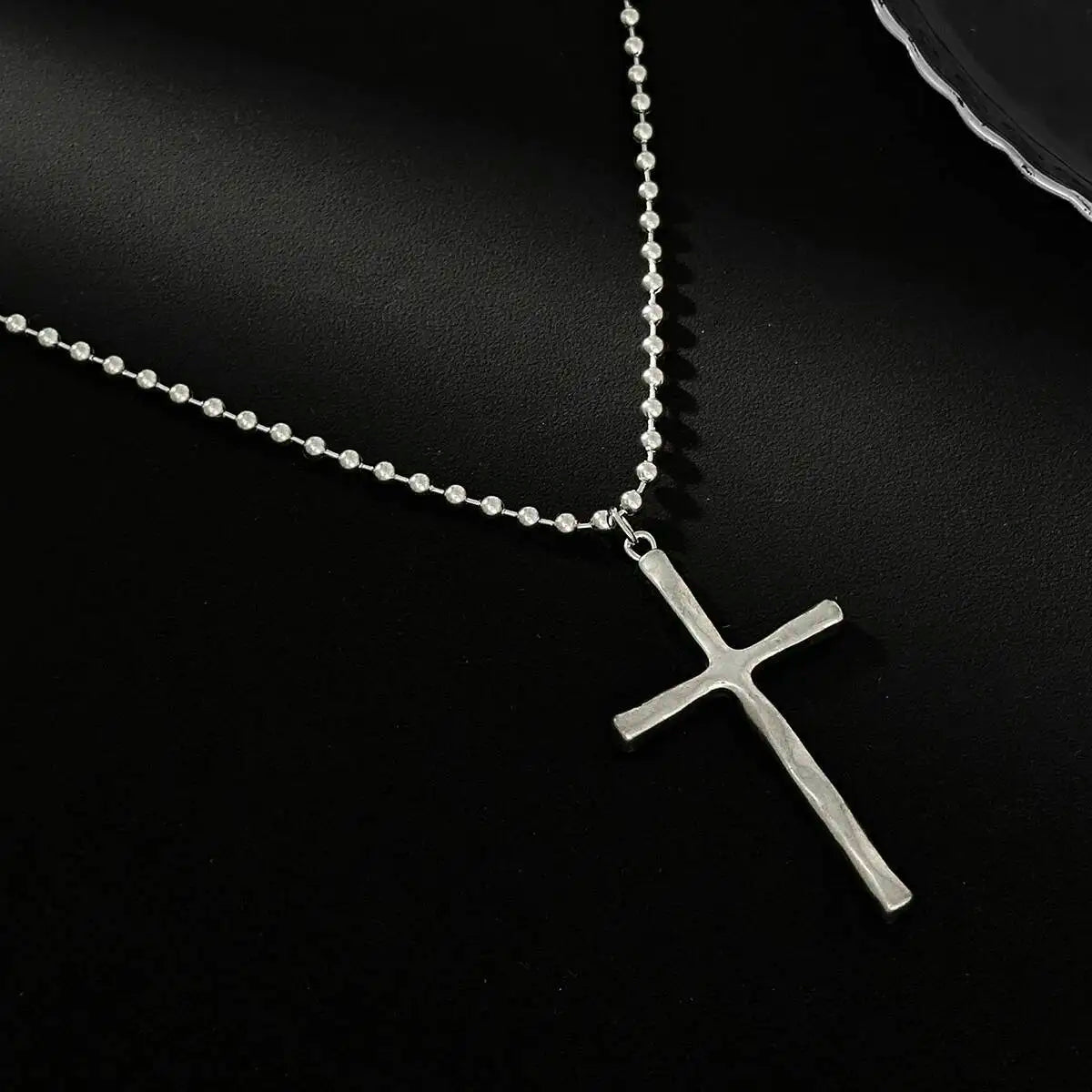 Cross Pendant Necklace for Women, Long Chain, Beaded Choker, Minimalist Jewelry, Silver Color, Fashion Gift
