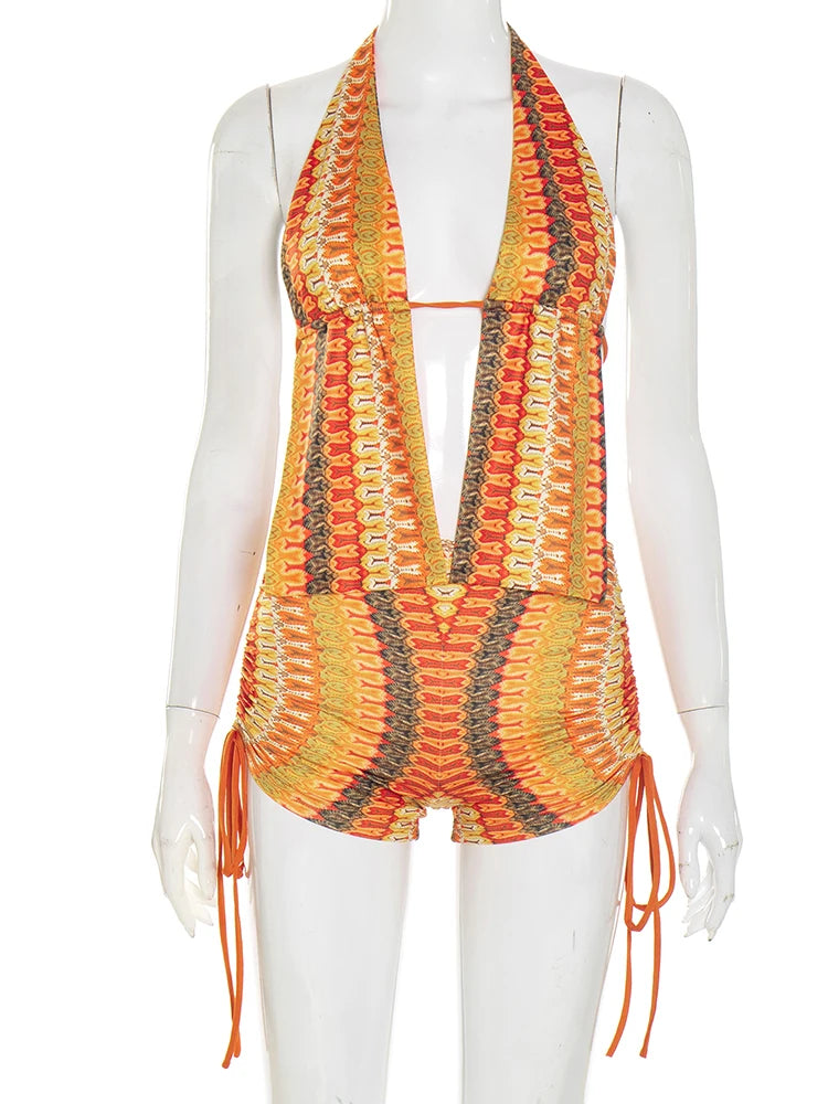 Sexy 2 Piece Set Women Colorful Striped Halter Backless Tank Top+Shirring Shorts Matching Beach Vacation Clubwear