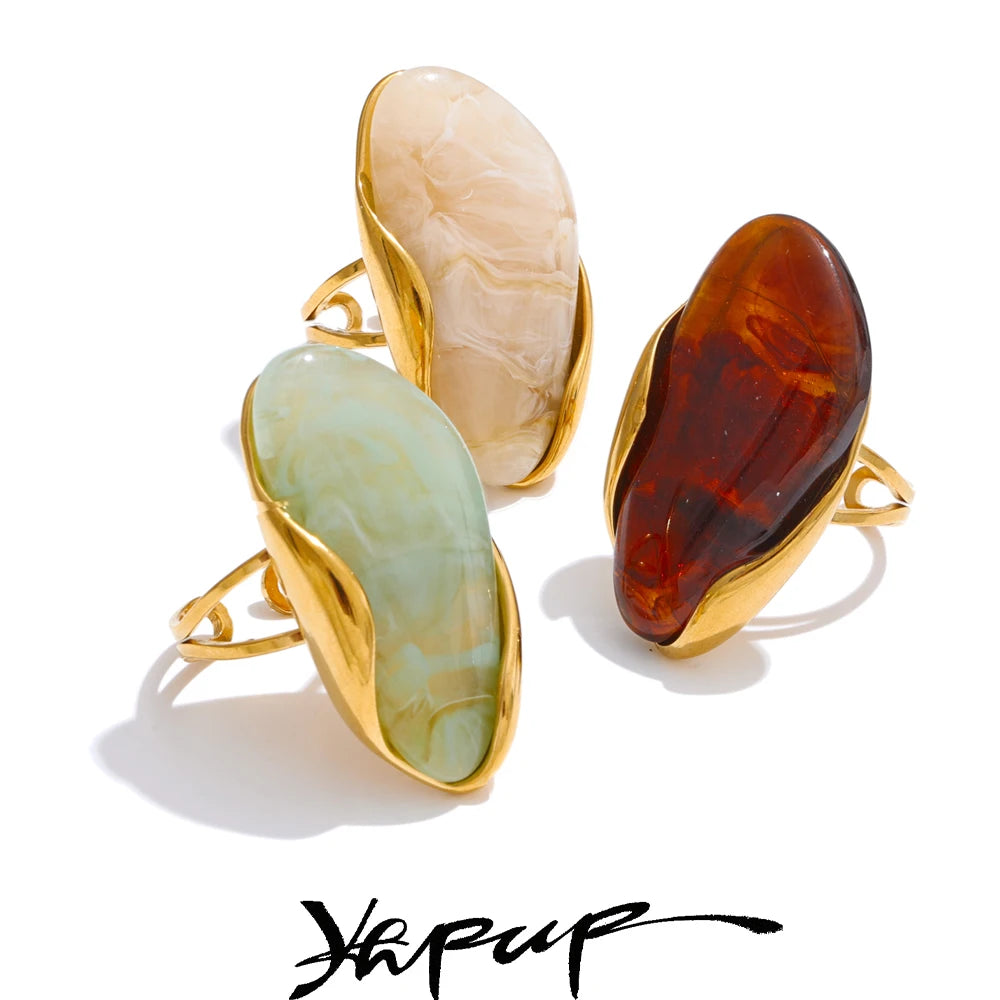New Design Brown Green Beige Resin Geometric Adjustable Ring Golden PVD Stainless Steel Rust Proof Finger Jewelry Gift
