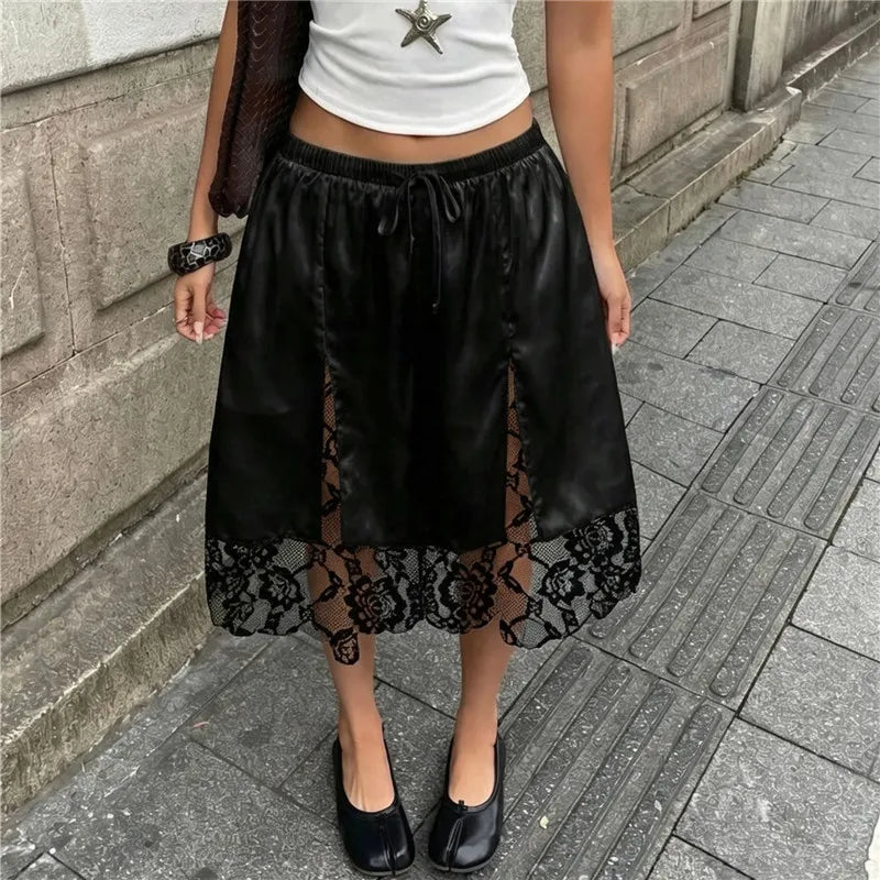 Womens Y2K Satin Lace Patchwork Capri Shorts Drawstring Waist Side Slit Floral Lace Hem Loose Mid Calf Casual Bottoms