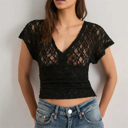 Women Sheer Lace Tops Solid Slim Fit V Neck Cap Sleeve See Through Crop Shirts for Summer Going Out Office Streetwear