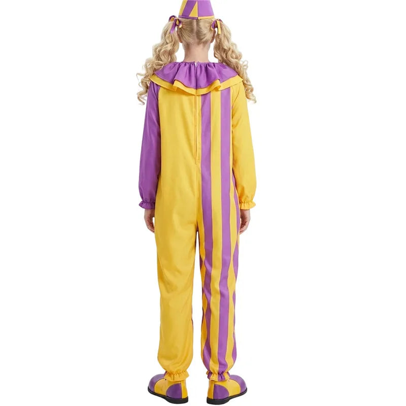 Adult Circus Clown Cosplay Costume Striped Long Sleeve Loose Jumpsuit Ruffled Collar Carnival Fancy Dress