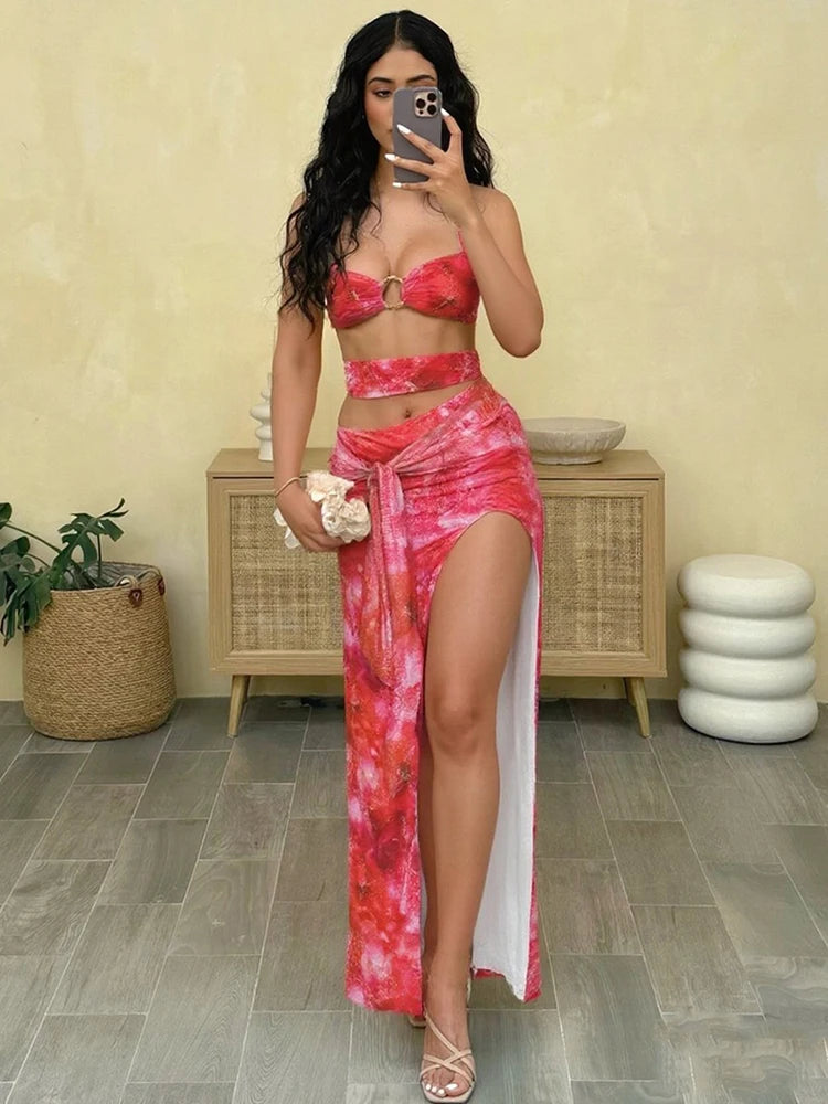 Sexy Halter Dress Women 2025 Summer Strapless Metal Knot Hollow Slits Beach Party Backless Irregular Ribbon Bodycon