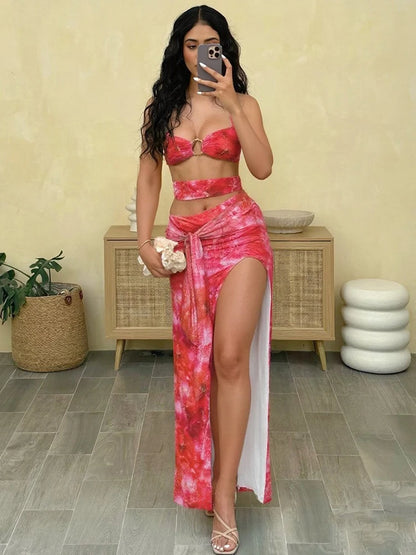 Sexy Halter Dress Women 2025 Summer Strapless Metal Knot Hollow Slits Beach Party Backless Irregular Ribbon Bodycon