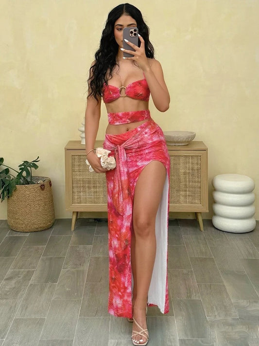 Sexy Halter Dress Women 2025 Summer Strapless Metal Knot Hollow Slits Beach Party Backless Irregular Ribbon Bodycon