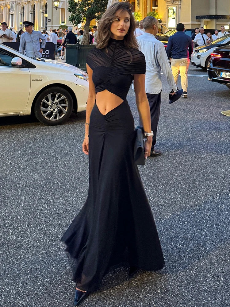 Hollow Out Short Sleeve Sexy Maxi Dress Women Fashion O Neck Ruched High Waist Bodycon Club Party Long Dress Female
