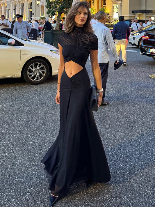 Hollow Out Short Sleeve Sexy Maxi Dress Women Fashion O Neck Ruched High Waist Bodycon Club Party Long Dress Female