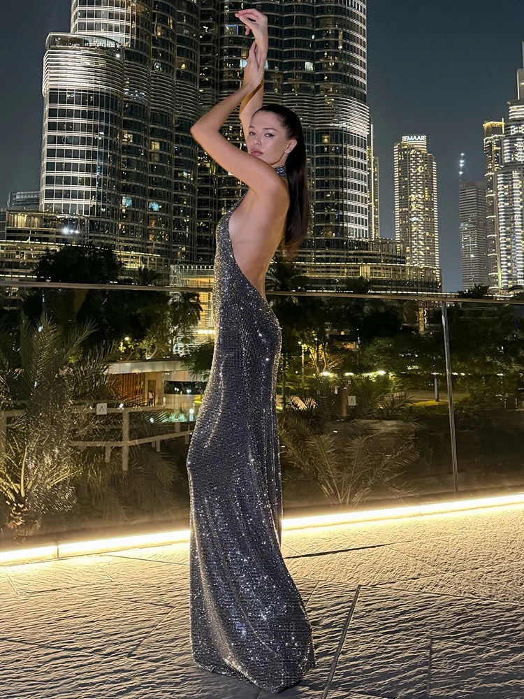 Halter Off Shoulder Long Dresses Woman Shiny Elegant Backless Robe Gown Midnight Cocktail Party Hipster Skinny Vestidos