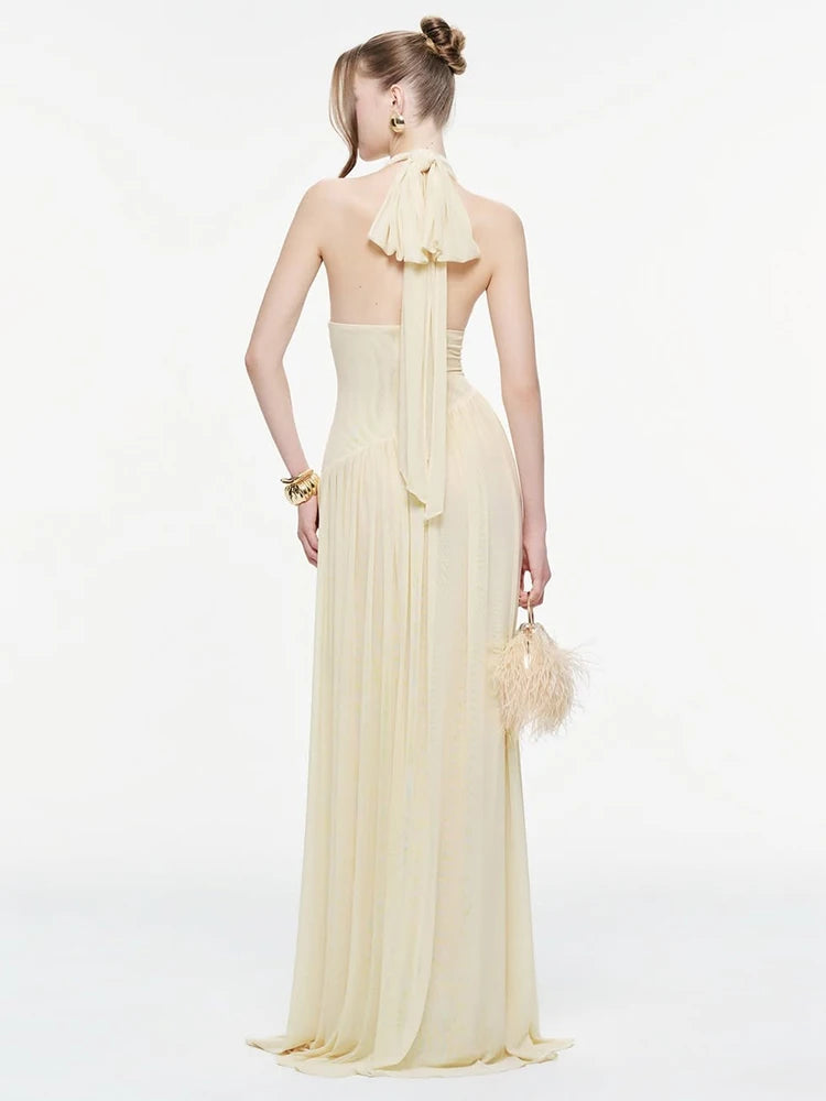 Backless Fashion Draped Maxi Dress Women Halter Bandage Tassel v-Neck Sleeveless Birthday Party Elegant Chic Vestidos