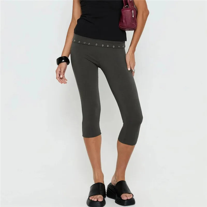 Low Rise Fold Over Studded Detail Skinny Pants Women Eyelet Waistband Capri Leggings Y2K Aesthetic Punk Streetwear