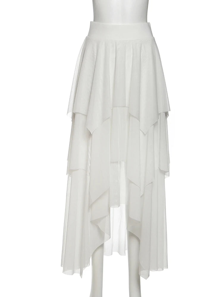 Elegant 2Piece Set Women Tierred Patchwork Bandage One Shoulder Tops+Irregular Hem Ruffles Skirts Vacation Chic Suits