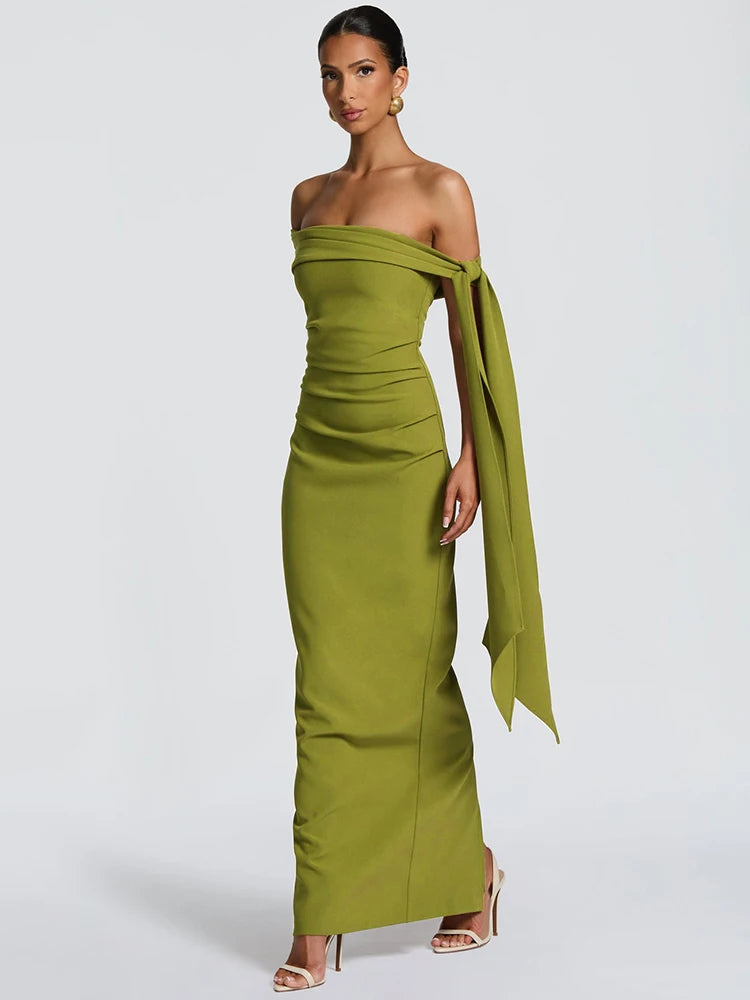 Off-shoulder Strapless Sexy Maxi Dress Women Elegant Sleeveless Backless Draped Ruched Bodycon Club Party Long Dresses