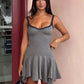 Women Gray Lace Trim Cami Sexy Mini Dress Women Elegant Spaghetti Strap Sleeveless Backless Asymmetric Hem Club Dresses