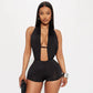 Women Deep V Halter Cut Out Bodysuit Shorts Backless Romper Sexy Night Club Party Outfit Black Bodycon Short Jumpsuit