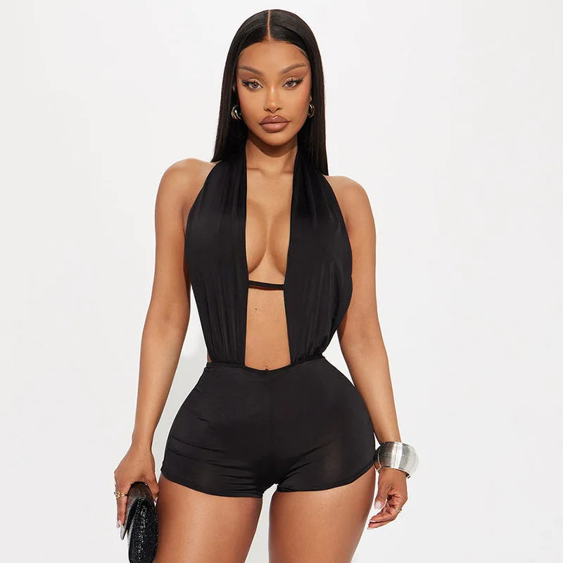 Women Deep V Halter Cut Out Bodysuit Shorts Backless Romper Sexy Night Club Party Outfit Black Bodycon Short Jumpsuit
