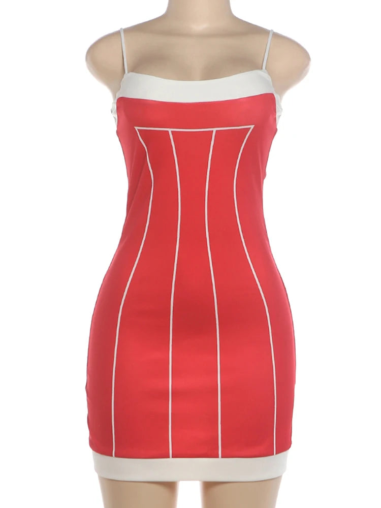 Contrast Color Patchwork Sling Dress Woman Summer Trend Low-Neck Backless Shape Waist Vacation Elegant Mini Bodycon