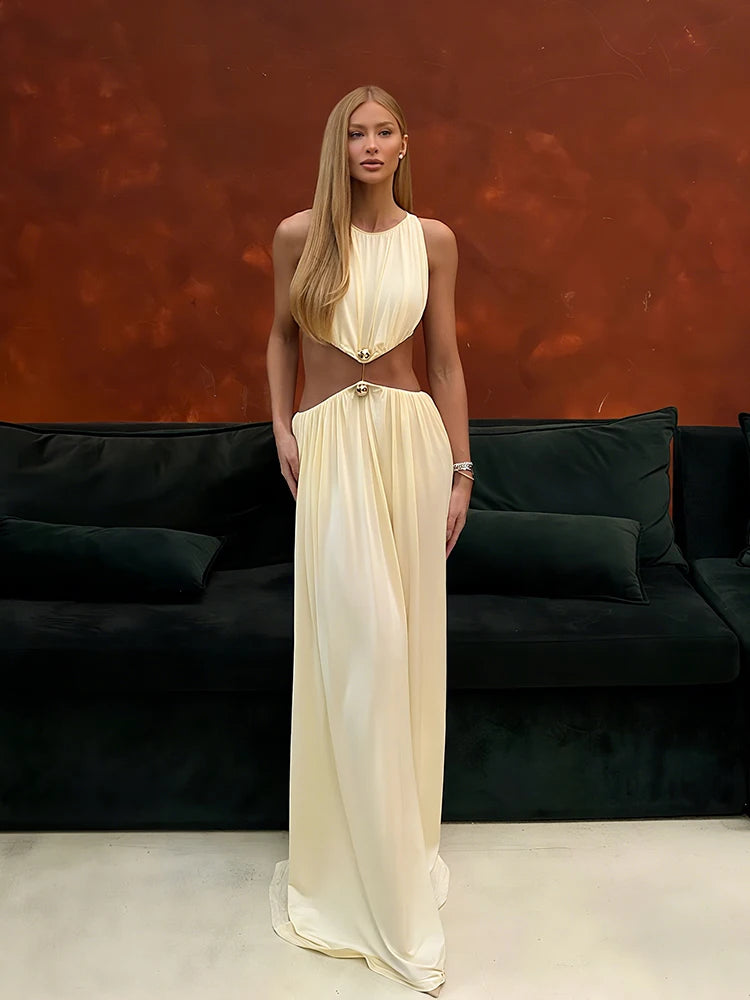 Waistless Chic Dress Women  Metal Trim Sleeveless O-Neck Skinny Elegant Summer Hipster Prom Party Vacation Vestidos