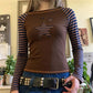 Vintage Star Raglan Crop Top Ladies Boat Neck Striped Long Sleeve Slim Ribbed Tee Y2K Grunge Street Fashion Short Top